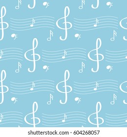 Seamless pattern with notes, treble clef, stave. Musical background.