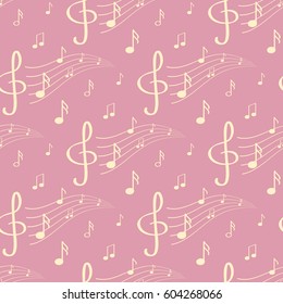 Seamless pattern with notes, treble clef, stave. Musical background.