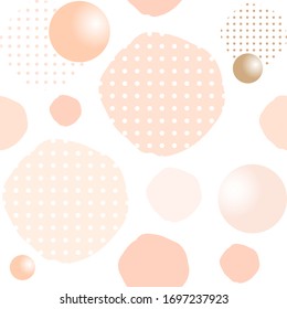 Seamless pattern. Nude, rose round spots and golden, pink, nude balls on a white background. Vector abstract background. Wallpaper.