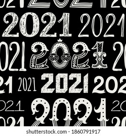 Seamless pattern with the number 2021. Freehand drawing. Can be used for scrapbook, banner, print, etc.