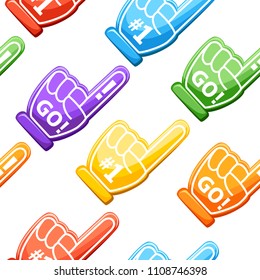 Seamless pattern. Number one glove. Collection of colorful gloves. Red foam finger with 1. Vector illustration on background. Website page and mobile app design.