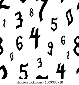 Seamless pattern of numbers 0-9 in the Gothic style drawn by hand and then traced. Black numeral of different sizes on a white background. Vector illustration 