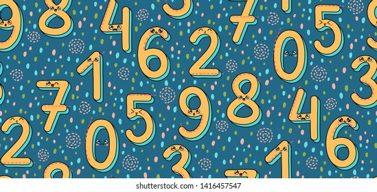 Seamless pattern with numbers 1-9 in Japan Kawaii style. Funny texture for kids birthday design. Can be used for kids birthday party invitation, greeting card, cake toppers design, textile, wrapping, 
