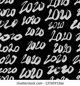 Seamless pattern from numbers 2020. Happy new year and christmas. Lettering and calligraphy. Vector illustration on black background. Wrapping paper.