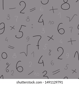 Seamless pattern of numbers and arithmetic symbols on a light background.