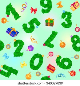 Seamless pattern from numbers like fir / Pattern from numbers like fir, Christmas toys, and gift boxes on green background
