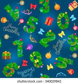 Seamless pattern from numbers like fir / Pattern from numbers like fir, Christmas toys, and text on navy background
