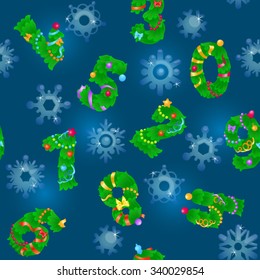 Seamless pattern from numbers like fir / Pattern from numbers like fir and icy snowflakes on navy background
