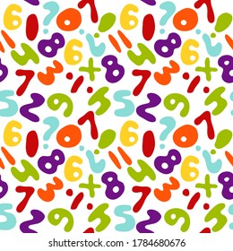 Seamless pattern with numbers and mathematical signs. Color vector illustration on a white background. The texture for the school design.