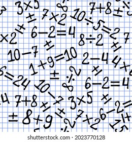Seamless pattern with numbers and mathematical signs and symbols. Black lines on notebook sheet squared background. Vector illustration in a hand-drawn style. Good print for wrapping paper, packaging 