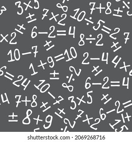 Seamless pattern with numbers and mathematical signs and symbols. White lines on gray background. Vector illustration in a hand-drawn style. Good print for wrapping paper, packaging design, wallpaper