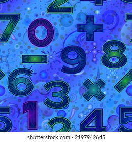 Seamless Pattern, Numbers on the Abstract Blue Tile Background. Vector