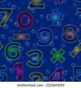 Seamless Pattern, Numbers on Blue Tile Background with Bubbles. Vector