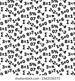 Seamless pattern of numbers and signs in flat style for kids education. Collection of black vector numbers on white background