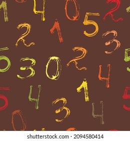 Seamless pattern, numbers from zero to five. multicolored numbers on a brown background. Children's, school, textile design