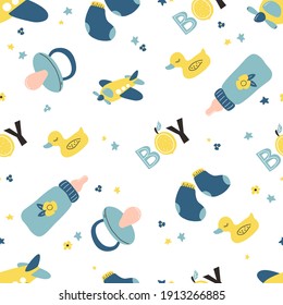 Seamless Pattern Nursery Baby Boy. Icons Of Baby Items. Vector Repeating Texture.