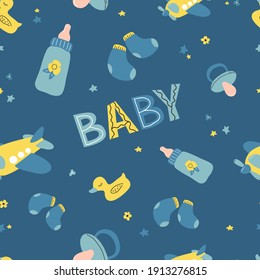 Seamless pattern Nursery baby boy. Icons of baby items. Vector repeating texture.