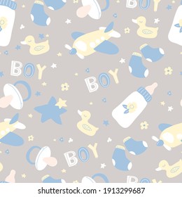 Patrón sin foco Nursery baby boy. Iconos de artículos para bebés. Textura repetida vectorial.