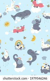 Seamless pattern for the nursery with cute animals and clouds. Vector graphics.