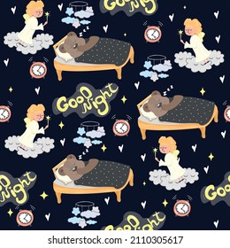 Patrón sin foco para el vivero. Buenas noches. El oso duerme sólidamente en la cuna y encima de él en las nubes es un ángel. dibujar a mano. С estilo artístico. Ilustración de material vectorial.
