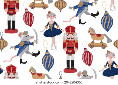 Seamless pattern with Nutcracker, ballerina, Mouse king, Christmas decoration, wooden horse. Can be used as wrapping paper, wallpaper, textile design.