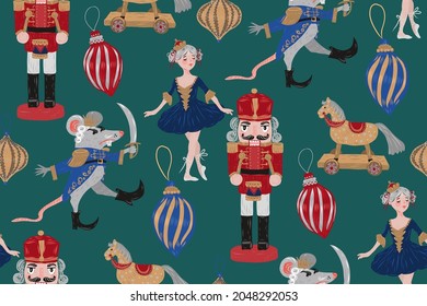 Seamless pattern with Nutcracker, ballerina, Mouse king, Christmas decoration, wooden horse. Can be used as wrapping paper, wallpaper, textile design.