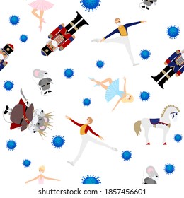 Seamless pattern, Nutcracker ballet during the corona pandemic, Christmas collection. A set of vector elements. Ballerina, mouse, horse and Nutcracker in face medical mask