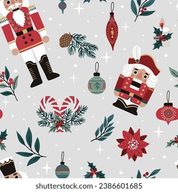 Seamless pattern with Nutcracker and Christmas decor, vector. Can be used for printing on fabric, wrapping paper, postcards.