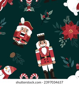 Seamless pattern with Nutcracker and Christmas decor, vector. Can be used for printing on fabric, wrapping paper, postcards.