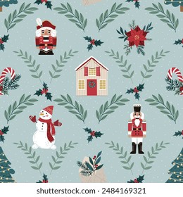 Seamless pattern with Nutcracker and Christmas decor, vector. Ideal for printing on fabric, wrapping paper, and postcards. Perfect for adding a festive touch to holiday projects and seasonal designs.