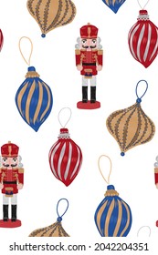 Seamless pattern with  nutcracker and Christmas decoration. Can be used as wrapping paper, wallpaper, textile design.