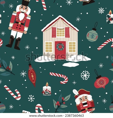 
Seamless pattern with Nutcracker, cute house and Christmas decor, vector. Can be used for printing on fabric, wrapping paper, cards.