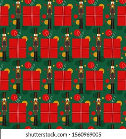 Seamless pattern with nutcracker and gifts