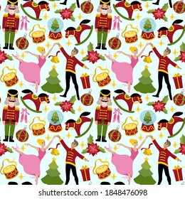 Seamless pattern Nutcracker , Mouse King and Christmas toys clipart. Balls on  Christmas tree, wooden horse, gifts, Christmas tree and drum. Set vector illustration. 
New Year collection print