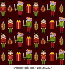 Seamless pattern Nutcracker , Mouse King and Christmas toys clipart. Balls on  Christmas tree, wooden horse, gifts, Christmas tree and drum. Set vector illustration. 
New Year collection print