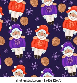 Seamless pattern with nutcrackers and nuts. Vector graphics.