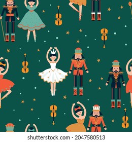 Seamless pattern with nutcrackers, stars, ballerina and violin. Vector illustration. 