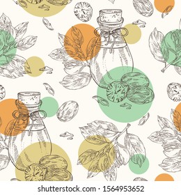 Seamless pattern with nutmeg and bottle of nutmeg essential oil. Cosmetic, perfumery and medical plant. Vector hand drawn illustration.