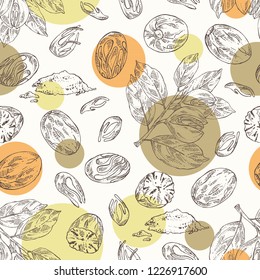 Seamless pattern with nutmeg: nut and branch. Vector hand drawn illustration.