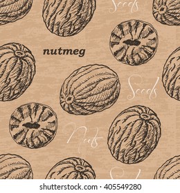 Seamless pattern with nutmeg on a vintage background. Vector  illustration for your design