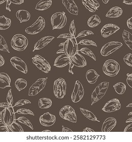 Seamless pattern with nuts: almond, brazilian nut, pecan and macadamia. Vector hand drawn illustration.