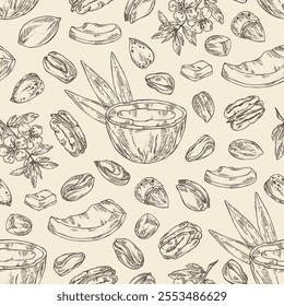 Seamless pattern with nuts: almond nuts, coconut, pecan and pistachio nuts. Vector hand drawn illustration.