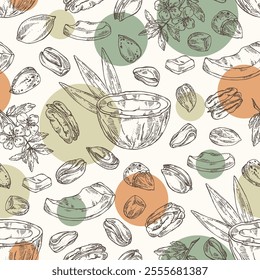 Seamless pattern with nuts: almond nuts, coconut, pecan and pistachio nuts. Vector hand drawn illustration.