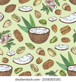 Seamless pattern with nuts: almond nuts, coconut, pecan and pistachio nuts. Vector hand drawn illustration.