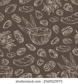 Seamless pattern with nuts: almond nuts, coconut, pecan and pistachio nuts. Vector hand drawn illustration.