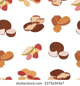 Seamless Pattern with Nuts. Almond, Walnut, Brazil and Peanut with Nutmeg. Pecan, Cashew, Pistachio and Chestnut. Coconut, Pine Nut, Macadamia and Manchurian, Hazelnut or Cola Nut. Cartoon Vector Tile