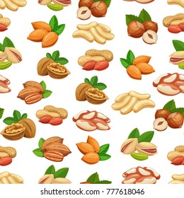 Seamless pattern with nuts. Almonds, walnuts, cashews, pistachios, hazelnuts or pecans, peanuts and Brazil nuts