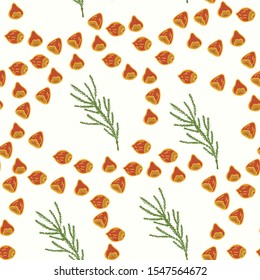 Seamless pattern with nuts around spruce branches on white background. Hand drawn style. Christmas or new year vector illustration for wrapping paper, menu background, textile print.