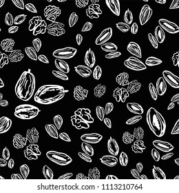 Seamless pattern with nuts and dried fruits on black background. Cute simple sketch template with tittles.