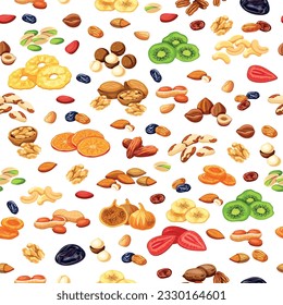 Seamless pattern with nuts and dried fruits.Vector illustration:walnuts,almonds,peanuts, Brazil nuts,cola nut,cashews, pistachios,hazelnuts, pecans,macadamia,dried apricots,kiwi,bananas,raisins, kiwi.